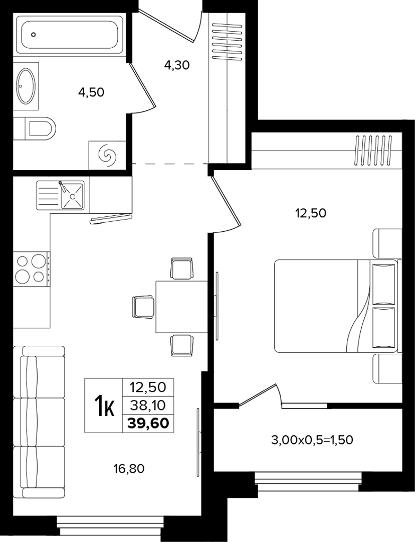 1-комнатная 39.6 м² на 2 этаже Корпуса Литер 5