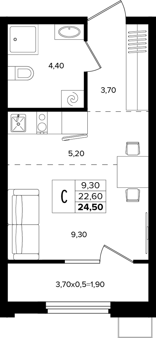 Студия 24.5 м² на 2 этаже Корпуса Литер 5
