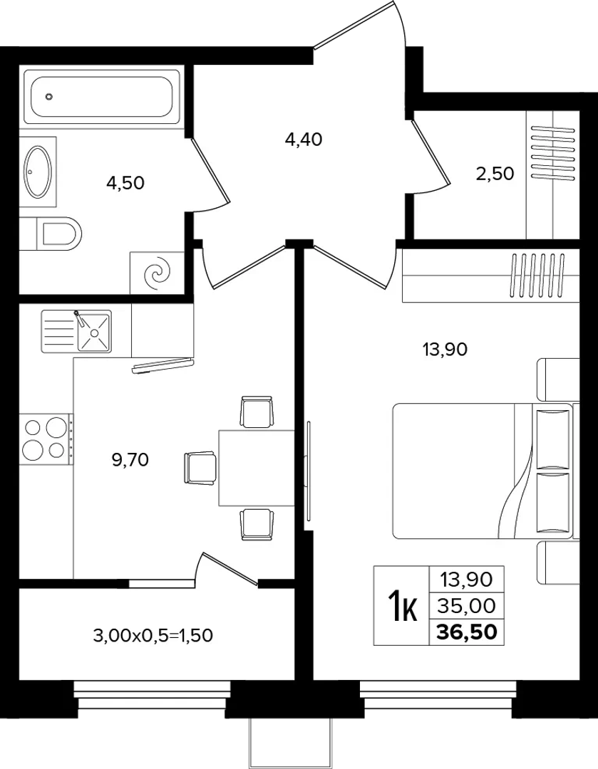 1-комнатная 36.5 м² на 2 этаже Корпуса Литер 1