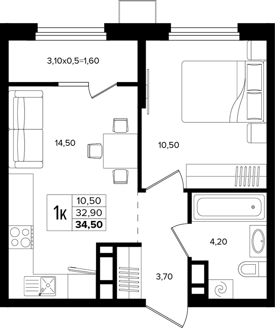 1-комнатная 34.5 м² на 13 этаже Корпуса Литер 1