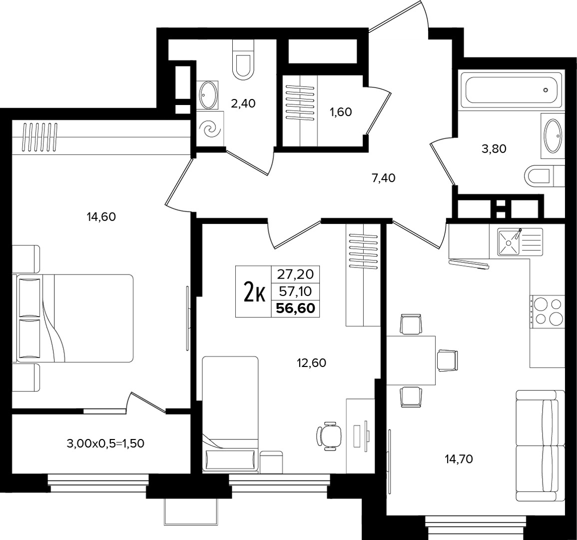 2-комнатная 58.6 м² на 8 этаже Корпуса Литер 2