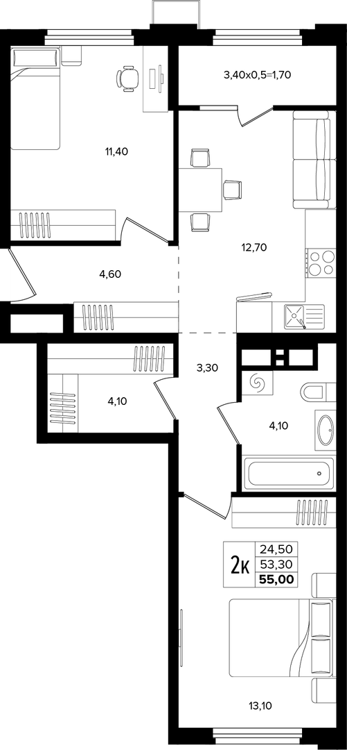 2-комнатная 55 м² на 5 этаже Корпуса Литер 2