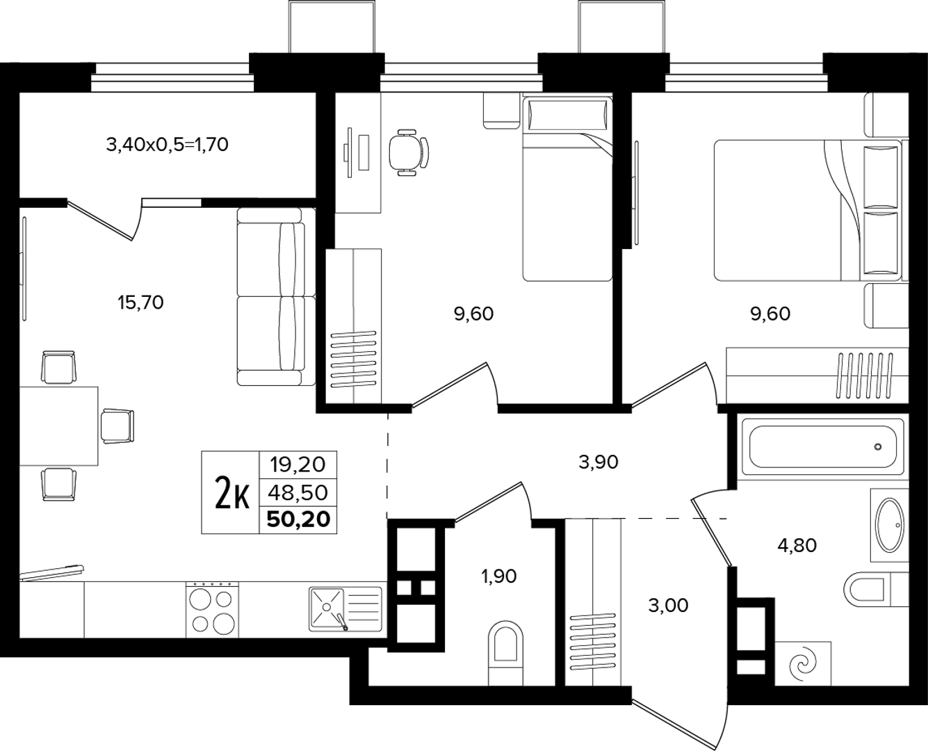 2-комнатная 50.2 м² на 12 этаже Корпуса Литер 4