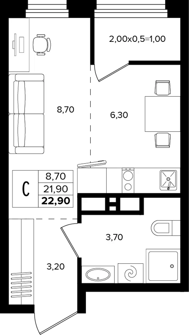 Студия 22.9 м² на 9 этаже Корпуса Литер 1