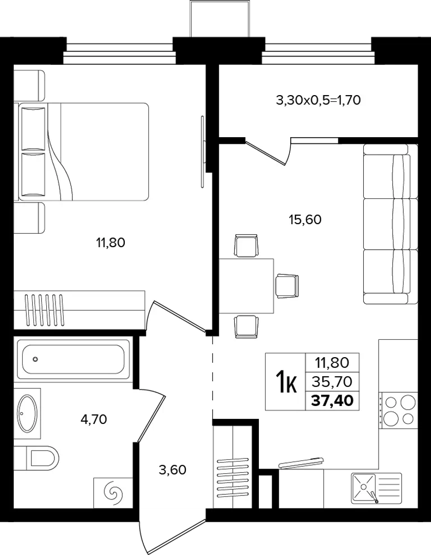 1-комнатная 37.4 м² на 2 этаже Корпуса Литер 1