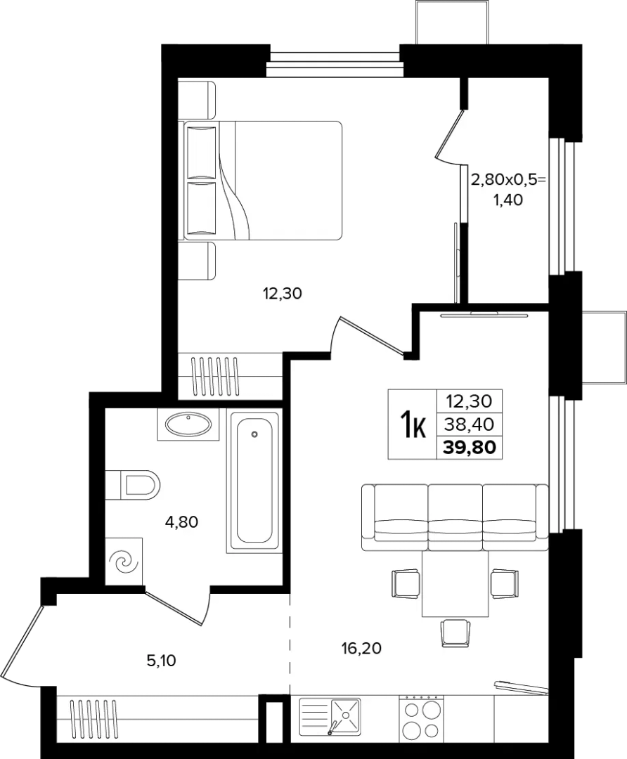 1-комнатная 39.8 м² на 2 этаже Корпуса Литер 1