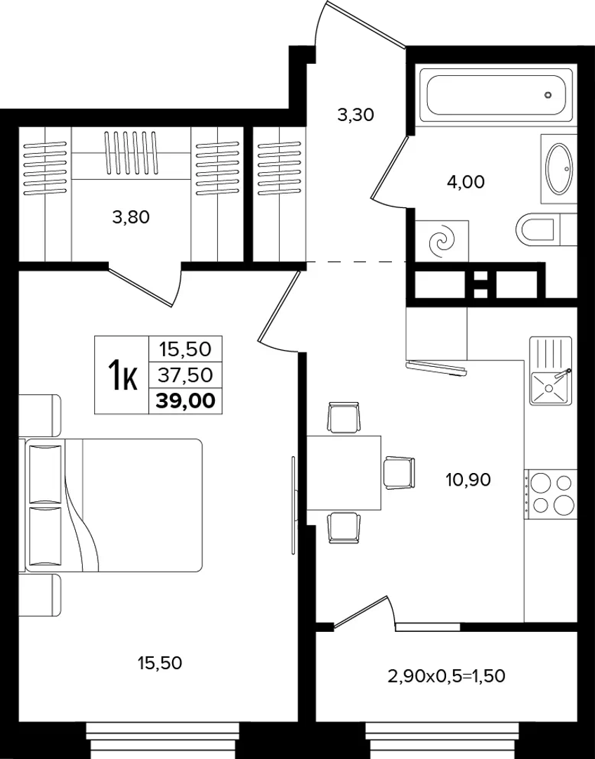 1-комнатная 39 м² на 7 этаже Корпуса Литер 1