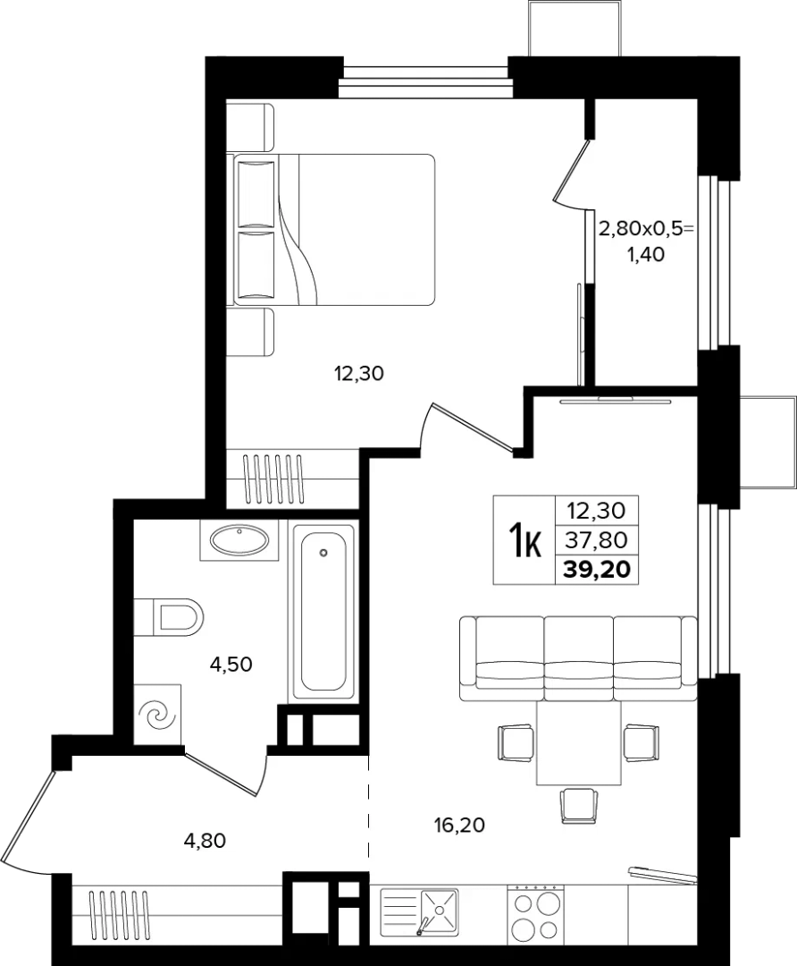 1-комнатная 39.2 м² на 4 этаже Корпуса Литер 1