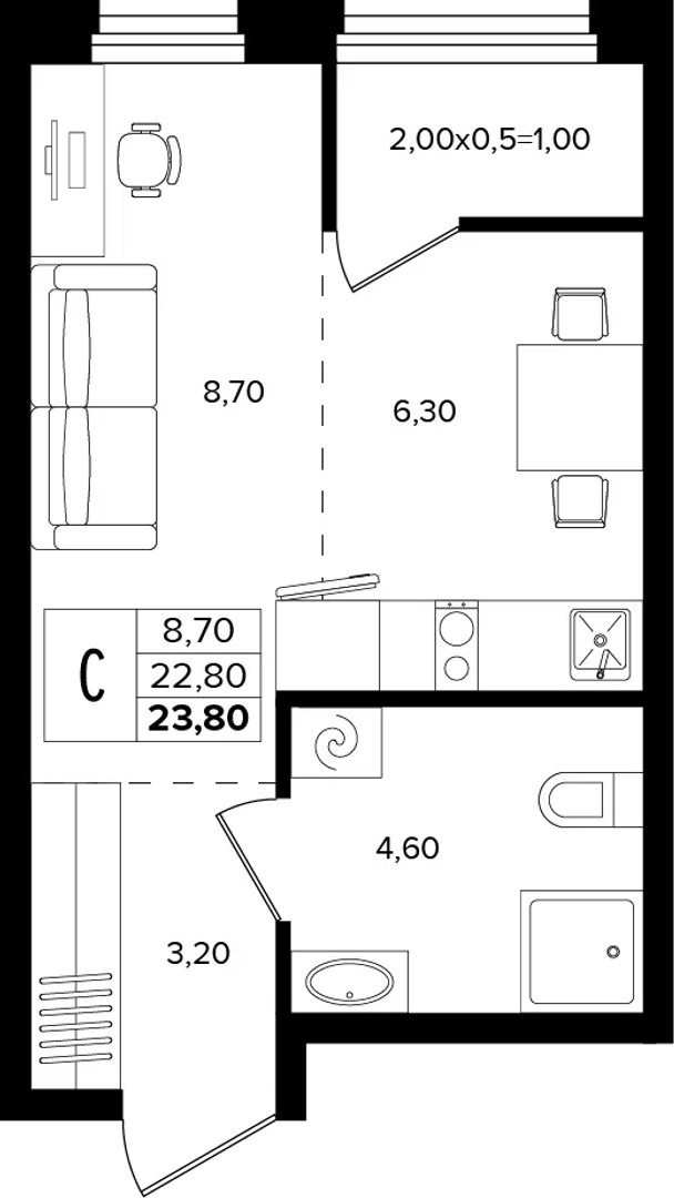 Студия 23.8 м² на 2 этаже Корпуса Литер 1