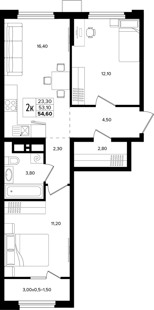 2-комнатная 54.6 м² на 5 этаже Корпуса Литер 2