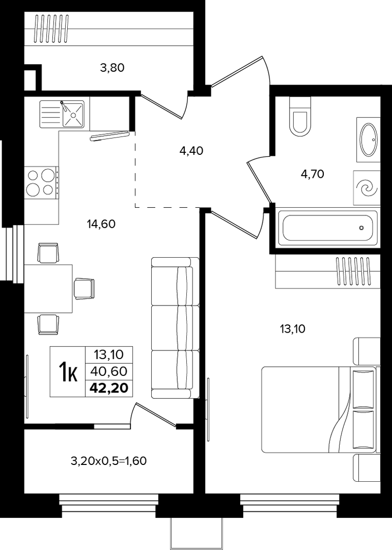 1-комнатная 42.2 м² на 2 этаже Корпуса Литер 2