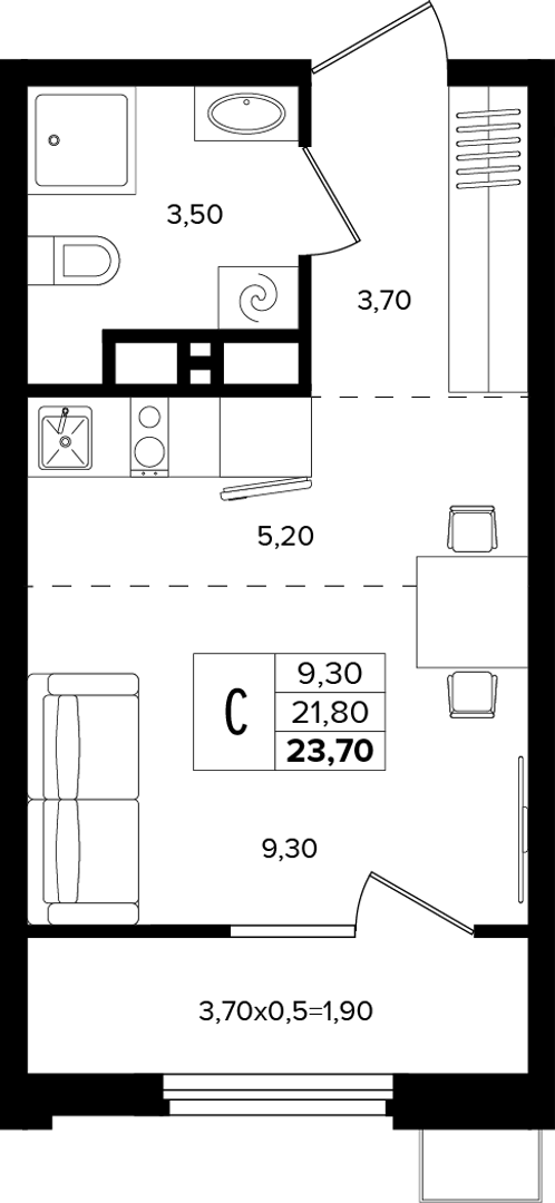 Студия 23.7м²