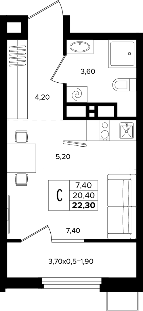 Планировка Студия 22.3 м²