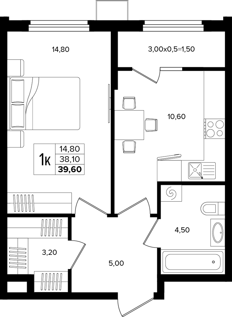 1-комнатная 39.6 м² на 2 этаже Корпуса Литер 5