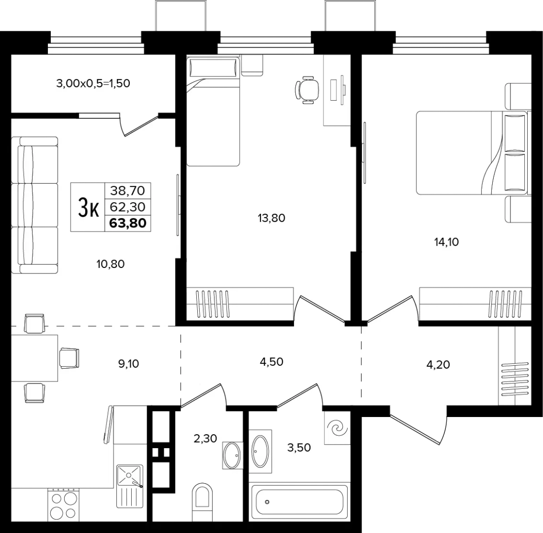 3-комнатная 63.8 м² на 14 этаже Корпуса Литер 1