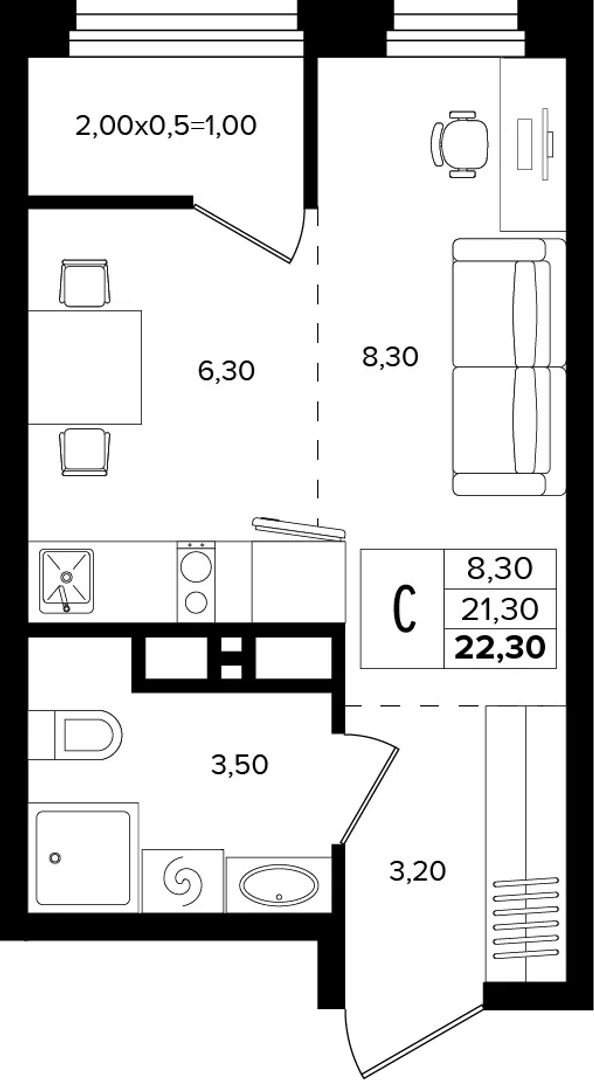 Планировка Студия 22.3 м²