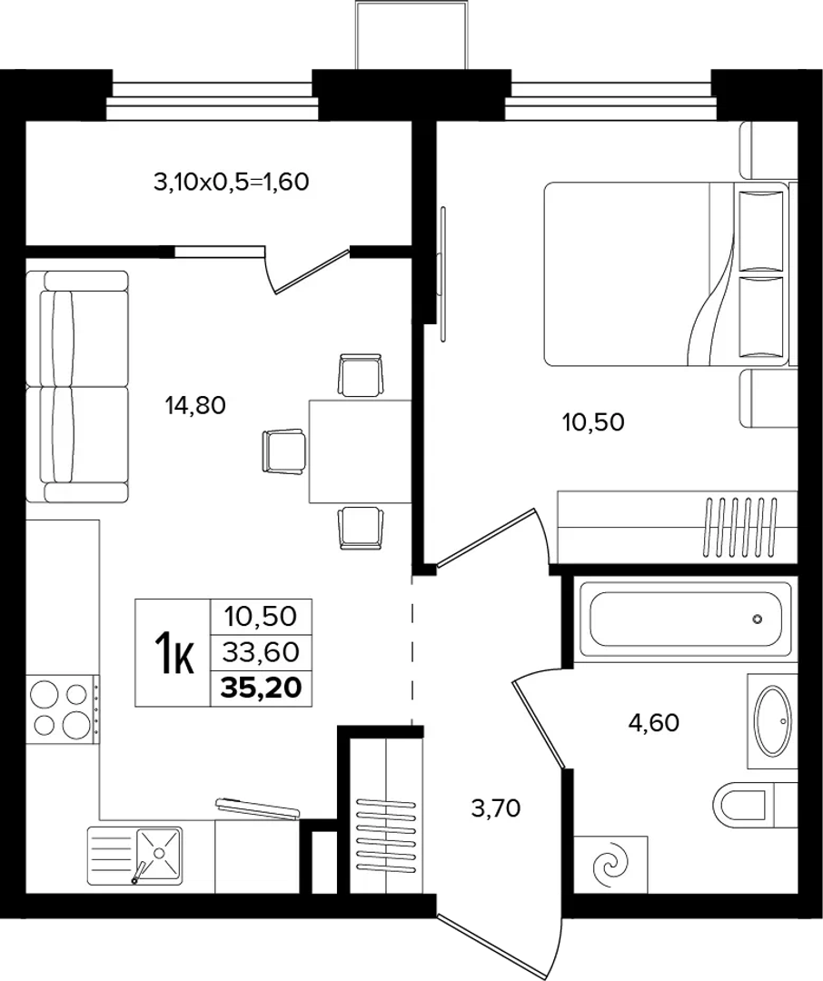 1-комнатная 35.2 м² на 2 этаже Корпуса Литер 1