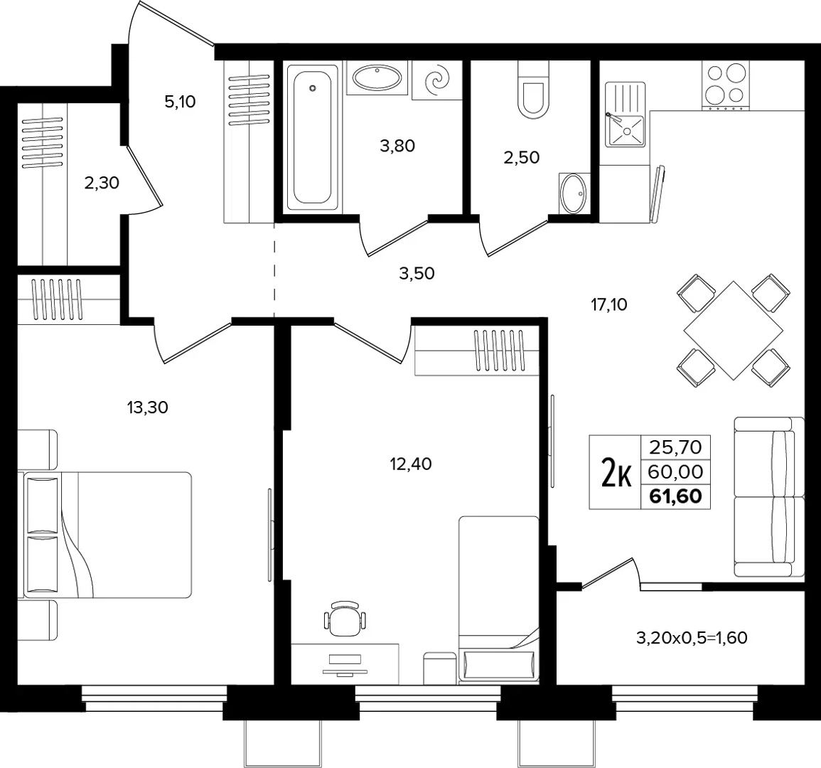 2-комн квартира 61.6м²