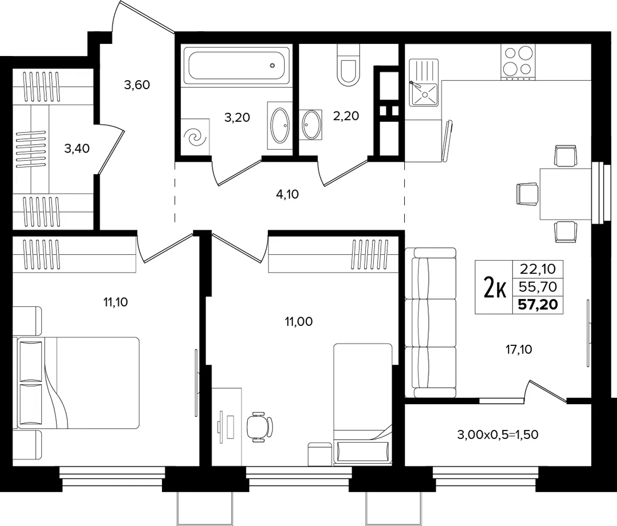 2-комнатная 57.2 м² на 6 этаже Корпуса Литер 1