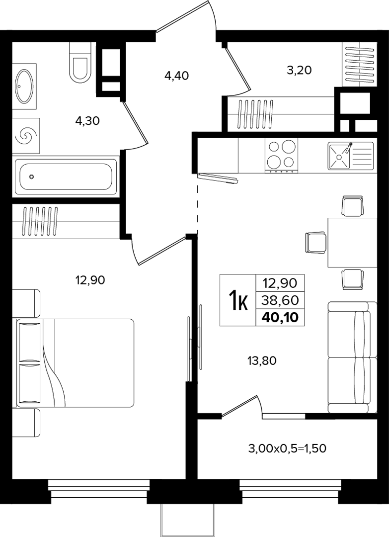 1-комнатная 40.1 м² на 6 этаже Корпуса Литер 2