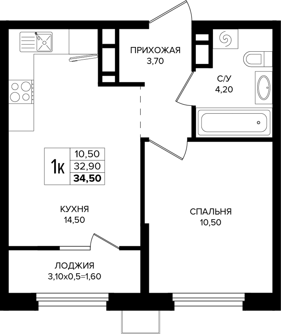 1-комнатная 34.5 м² на 12 этаже Корпуса Литер 3