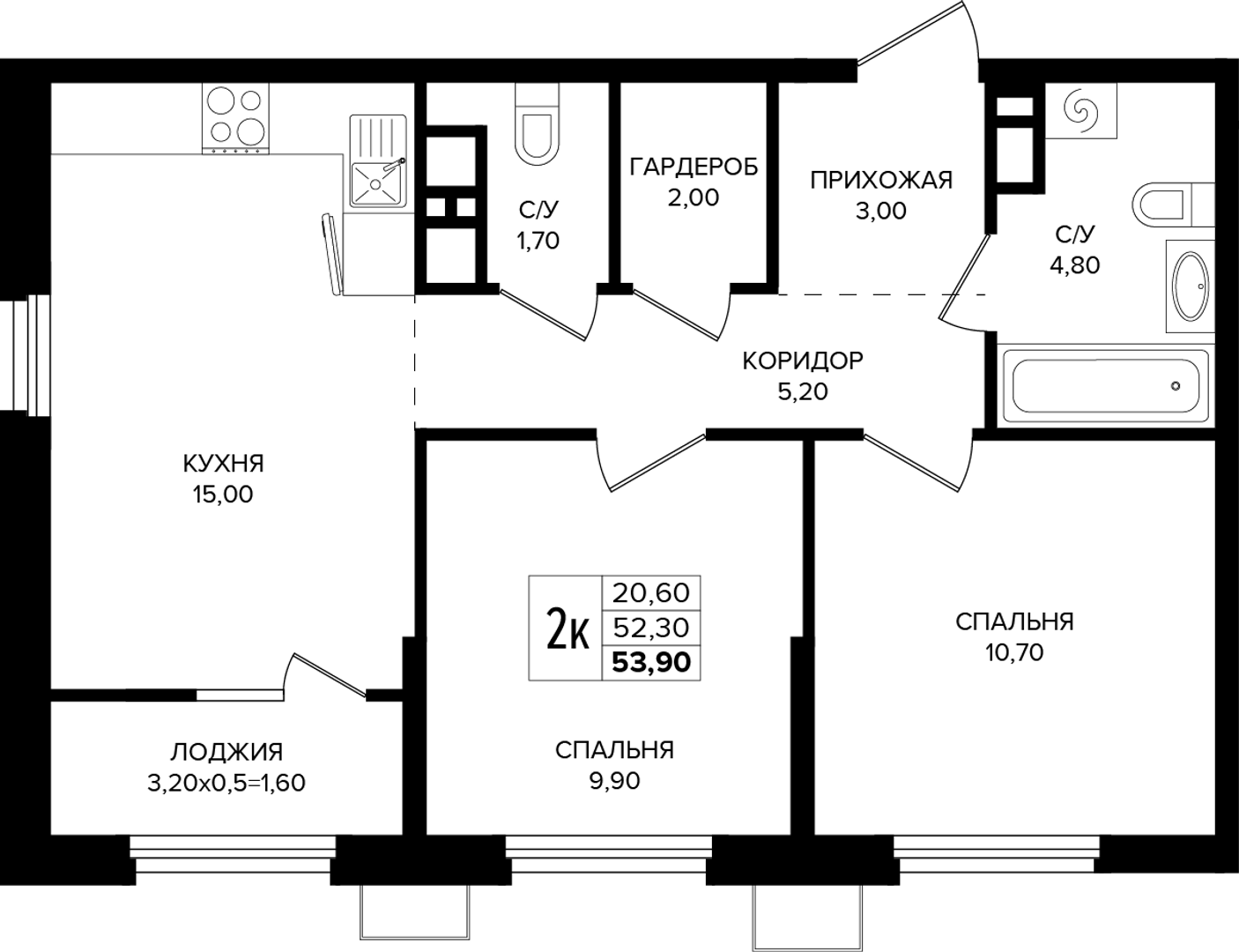 2-комнатная 53.9 м² на 14 этаже Корпуса Литер 3