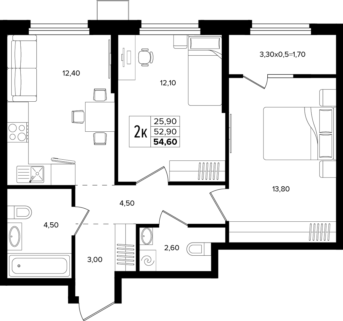2-комнатная 54.6 м² на 2 этаже Корпуса Литер 5