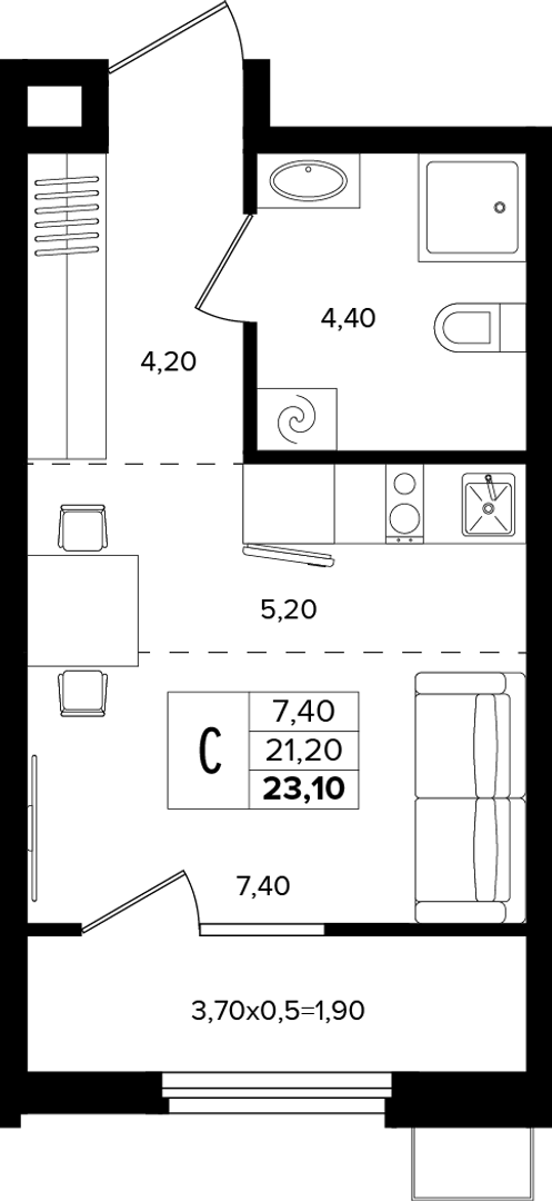 Студия 23.1 м² на 2 этаже Корпуса Литер 5