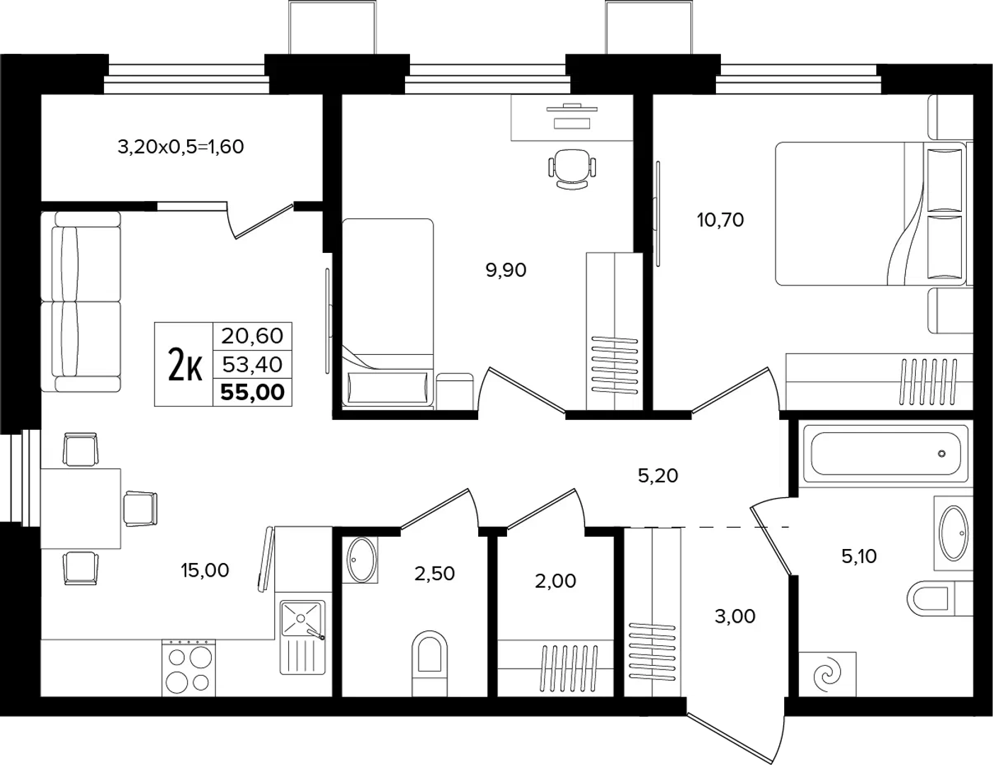 2-комнатная 55 м² на 2 этаже Корпуса Литер 1