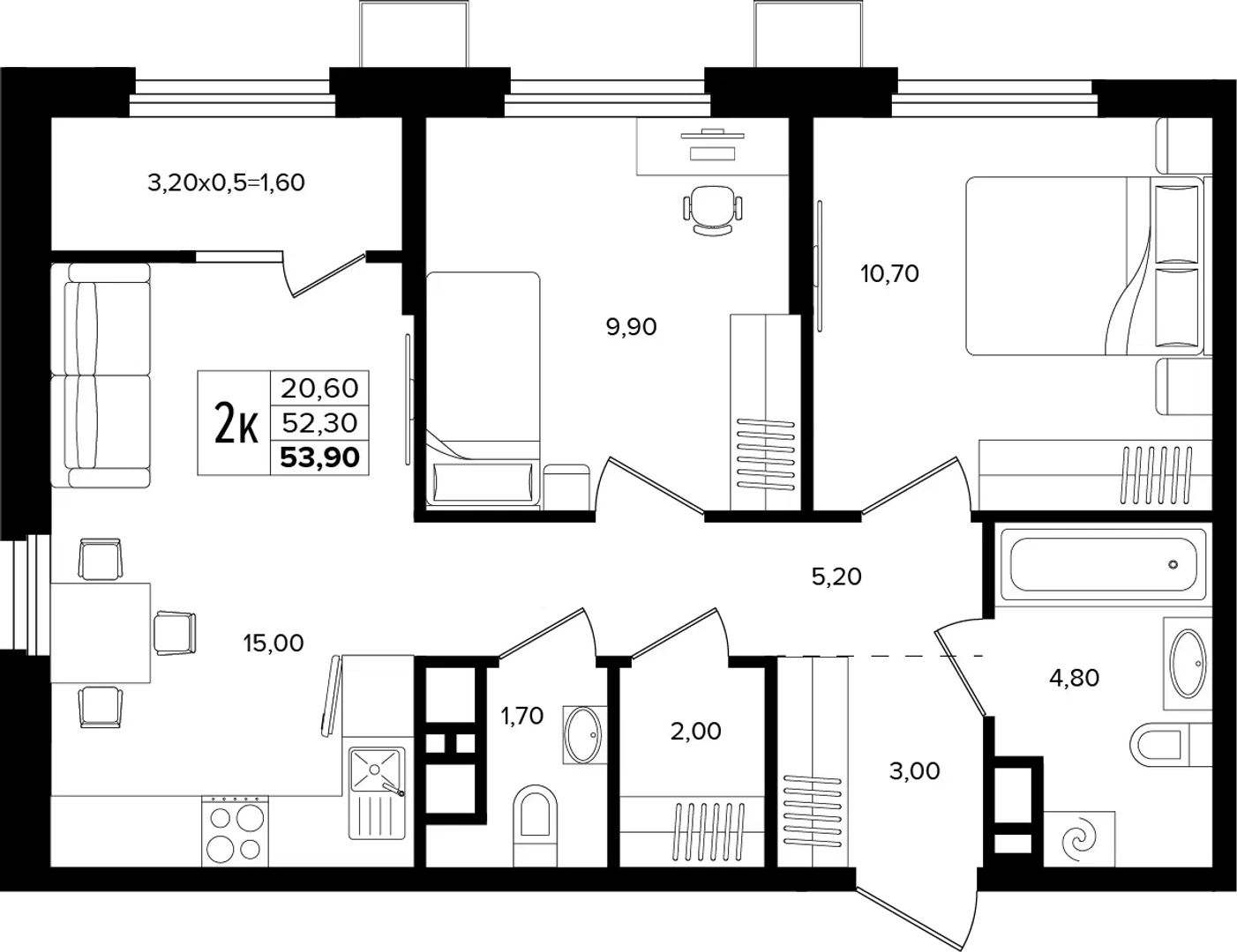 2-комнатная 53.9 м² на 3 этаже Корпуса Литер 1