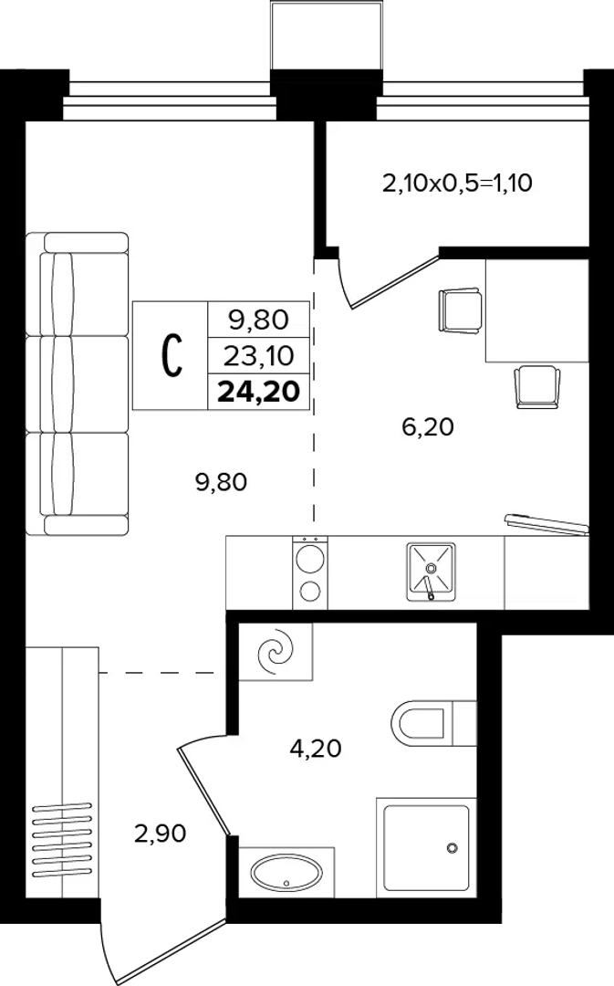 Студия 24.2 м² на 2 этаже Корпуса Литер 1