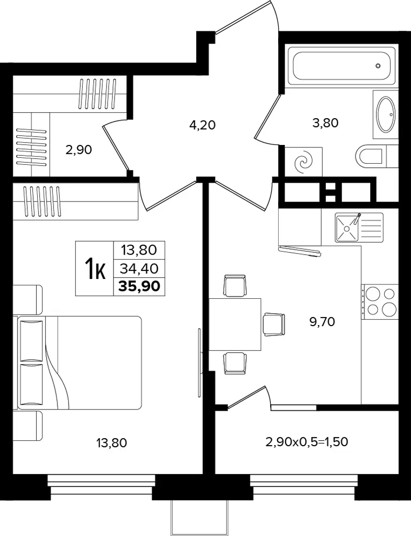1-комнатная 35.9 м² на 9 этаже Корпуса Литер 1