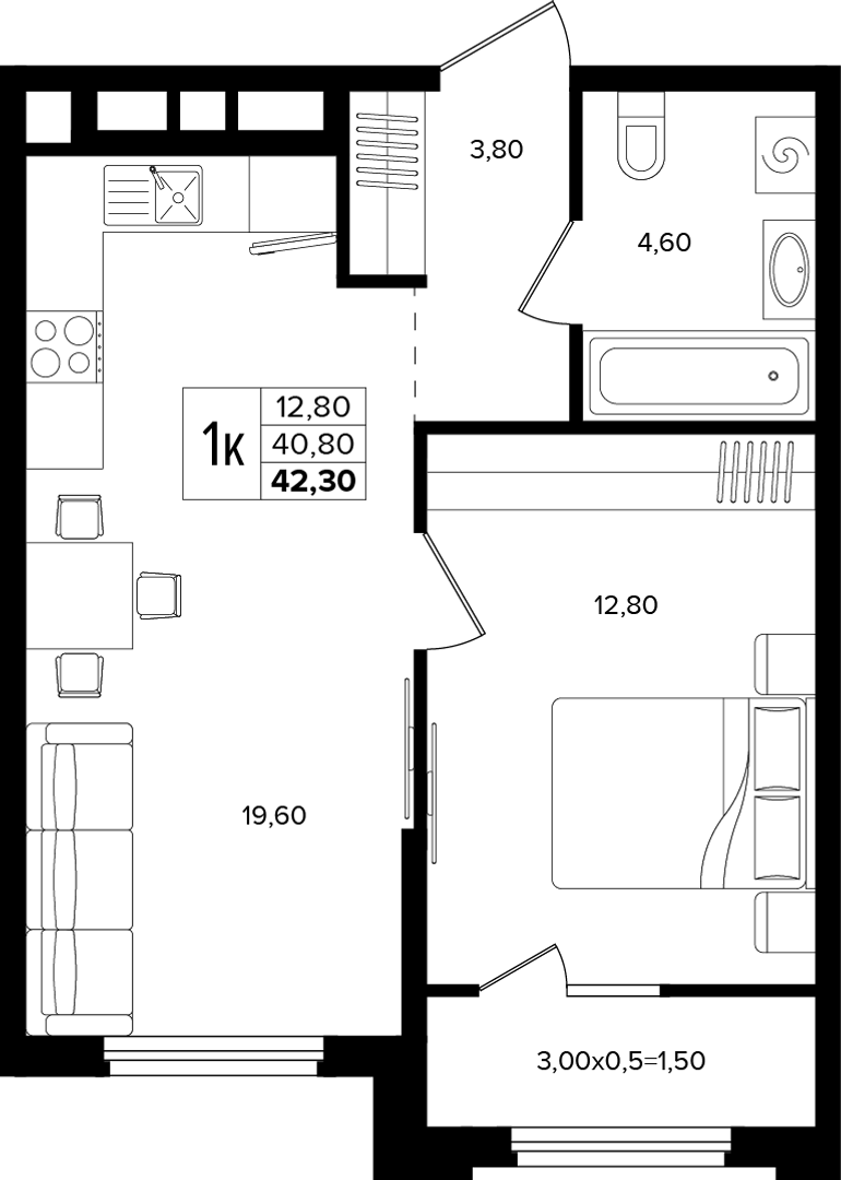1-комн квартира 42.3м²