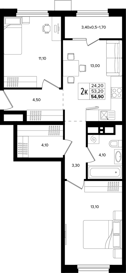 2-комнатная 54.9 м² на 5 этаже Корпуса Литер 2