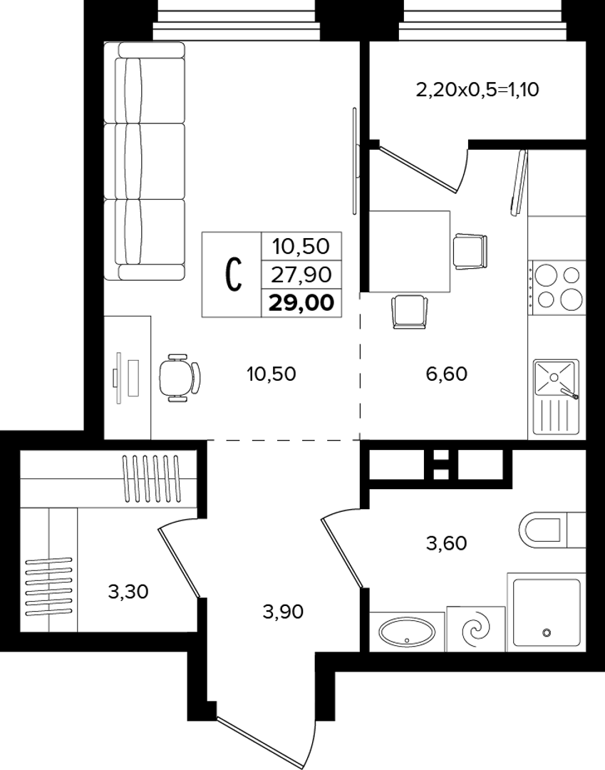 Студия 29 м² на 5 этаже Корпуса Литер 2