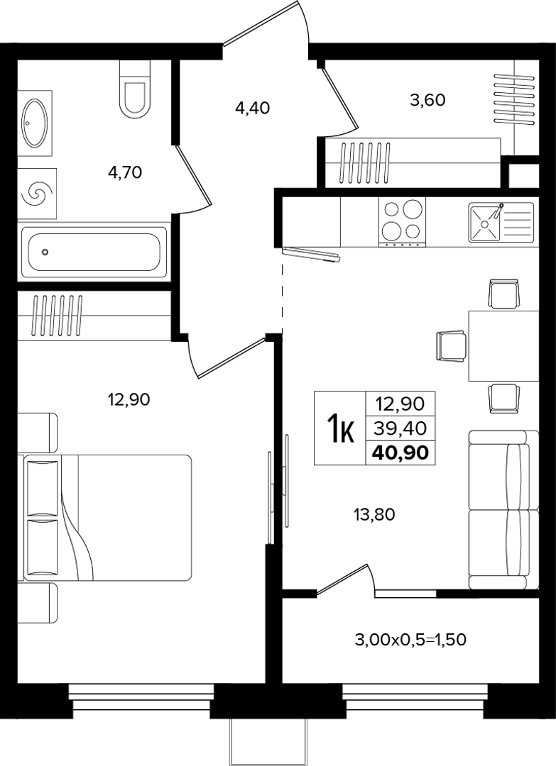 1-комнатная 40.9 м² на 2 этаже Корпуса Литер 2
