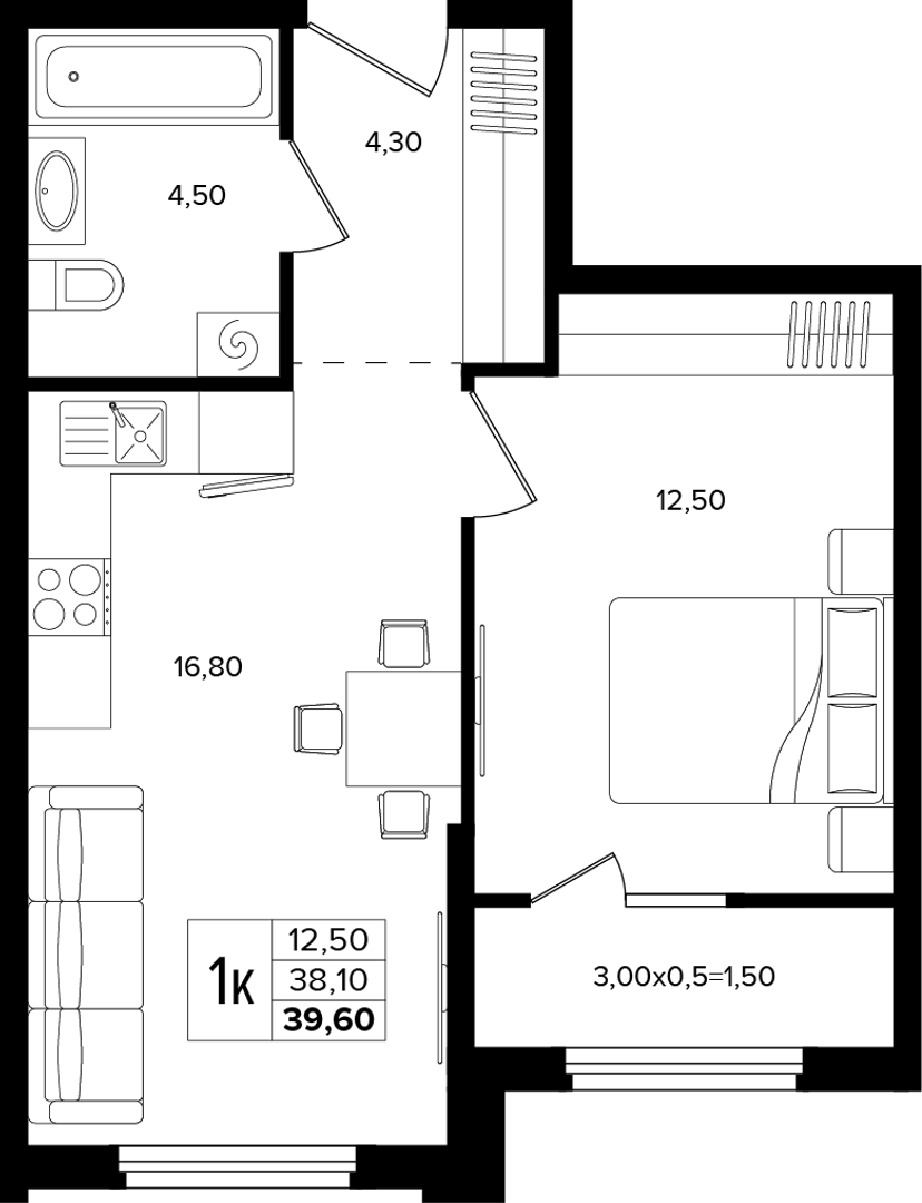 1-комнатная 39.6 м² на 2 этаже Корпуса Литер 2