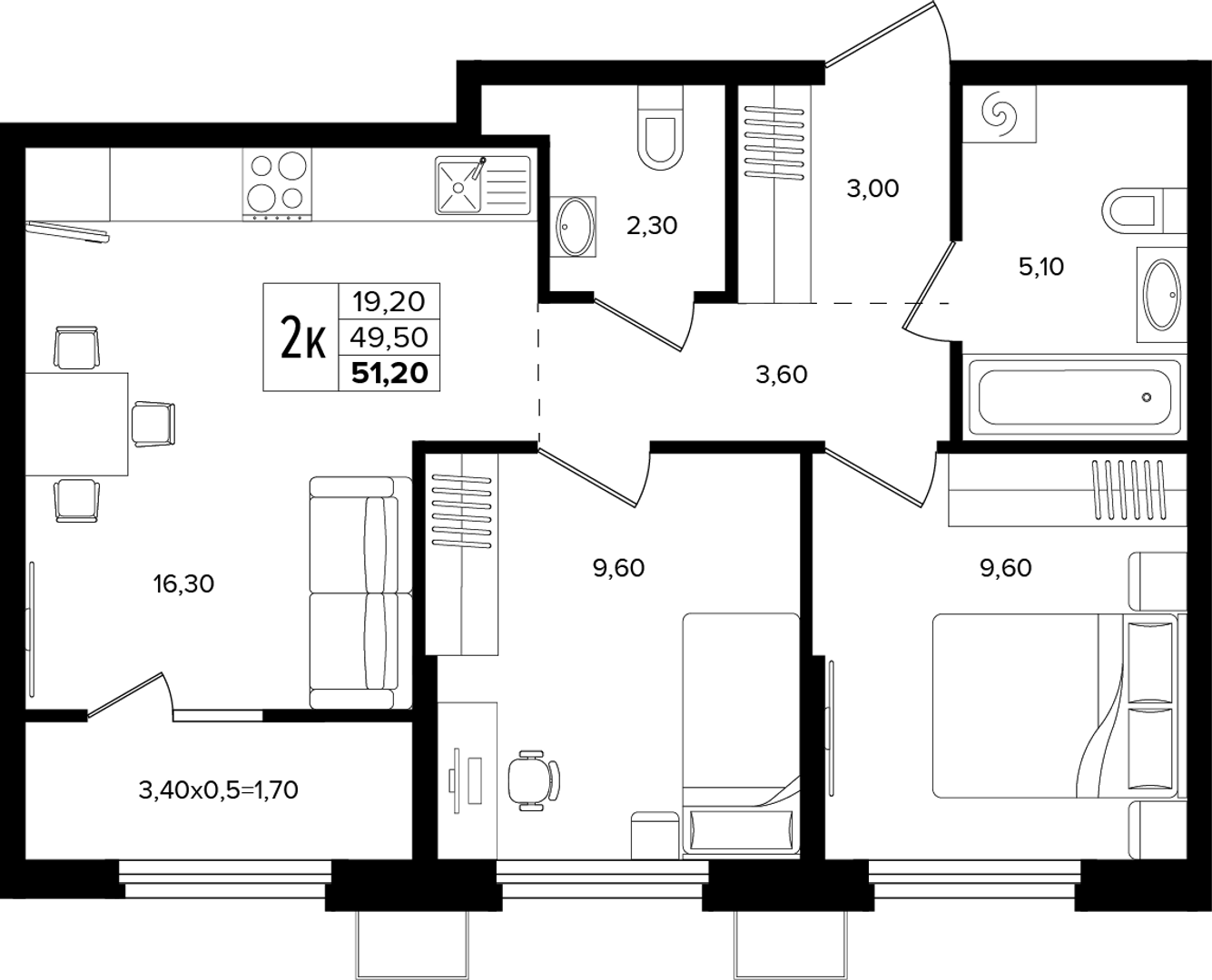 2-комнатная 51.2 м² на 2 этаже Корпуса Литер 3