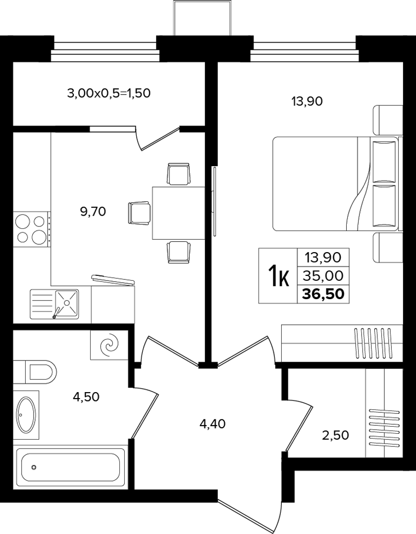 1-комнатная 36.5 м² на 2 этаже Корпуса Литер 3