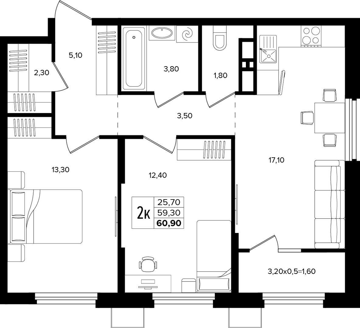 2-комнатная 60.9 м² на 3 этаже Корпуса Литер 4